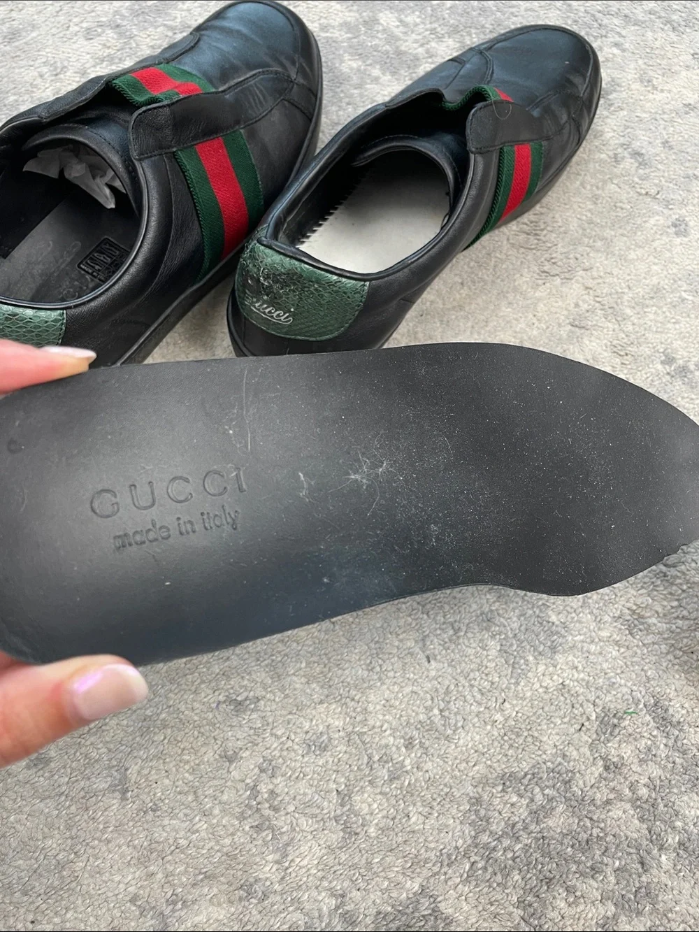 Gucci Miro Soft Web Ace Leather Slip On Sneakers Black Mens Sz 10